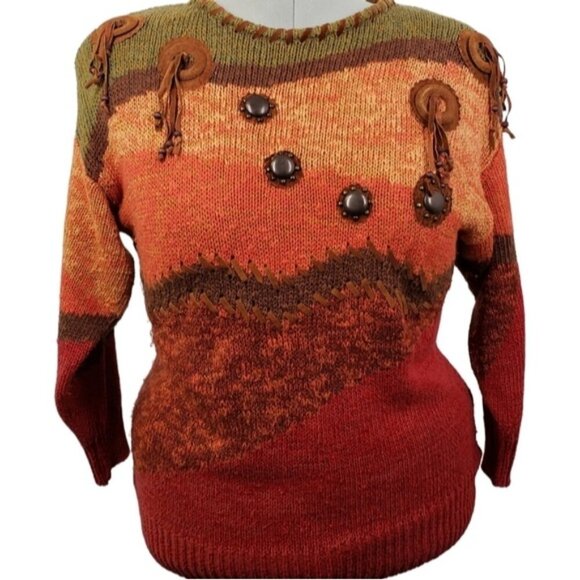 Vintage Ramie Cotton Southwestern Autumn Crew Neck Sweater Size 1X Fall Cozy - Picture 12 of 12